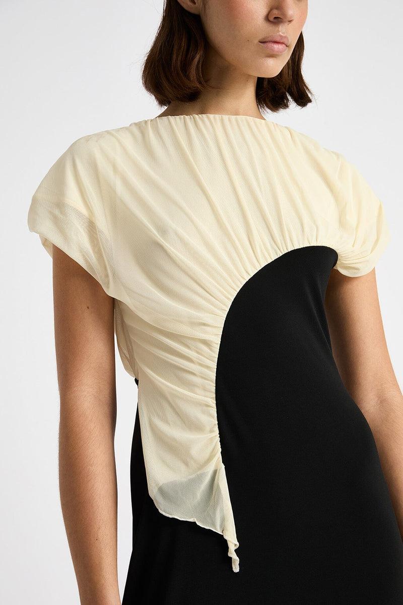 laagam LIBRA BLACK & ECRU DRAPED MIDI DRESS Gran oferta