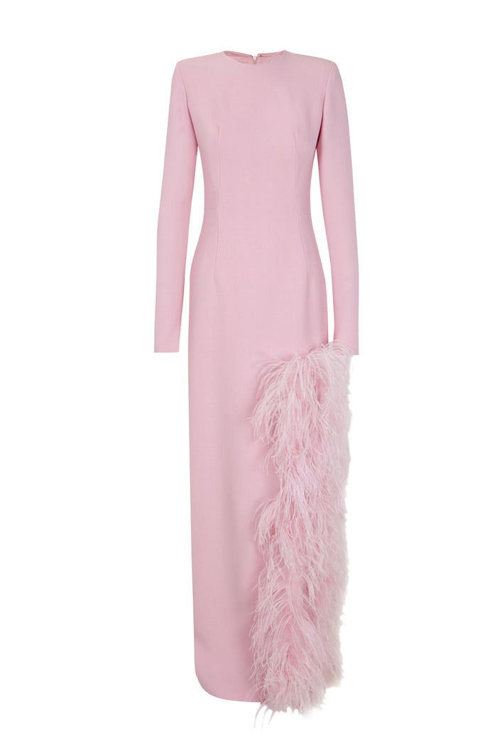 the 2nd skin co. Vestido largo con abertura lateral con plumas Rebajas top