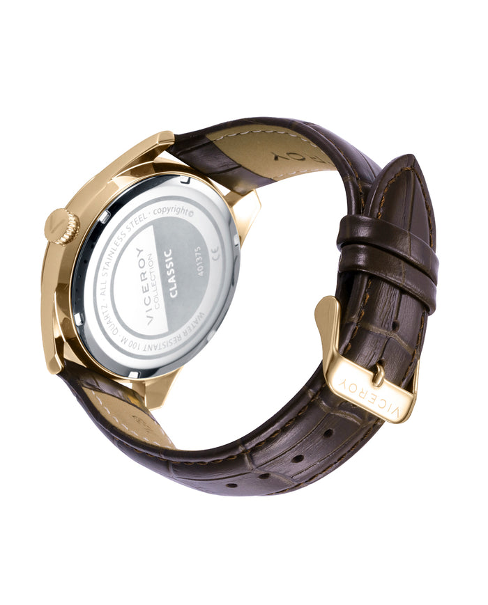 viceroy Reloj para hombre con caja de acero dorado y correa de piel marrón Descuento por venta flash