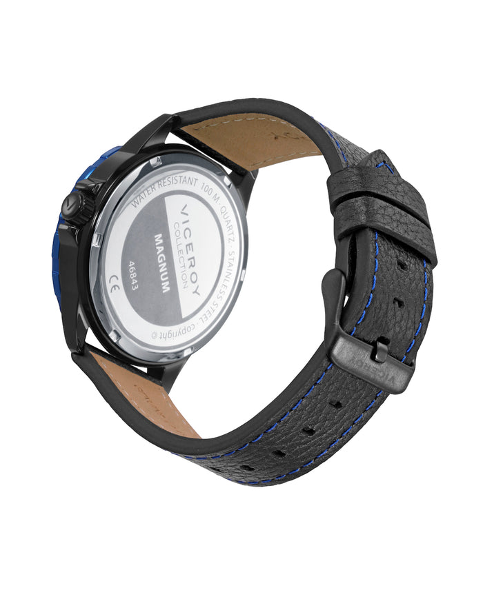 viceroy Reloj caja de acero bitono en Ip negro y azul con bisel de aluminio negro 10 atm y correa de piel negra con movimiento cuarzo ÚLTIMAS EDICIONES