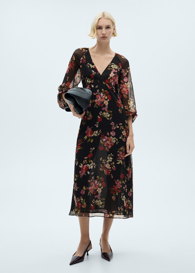 Mango Vestido floral manga abullonada Liquidación