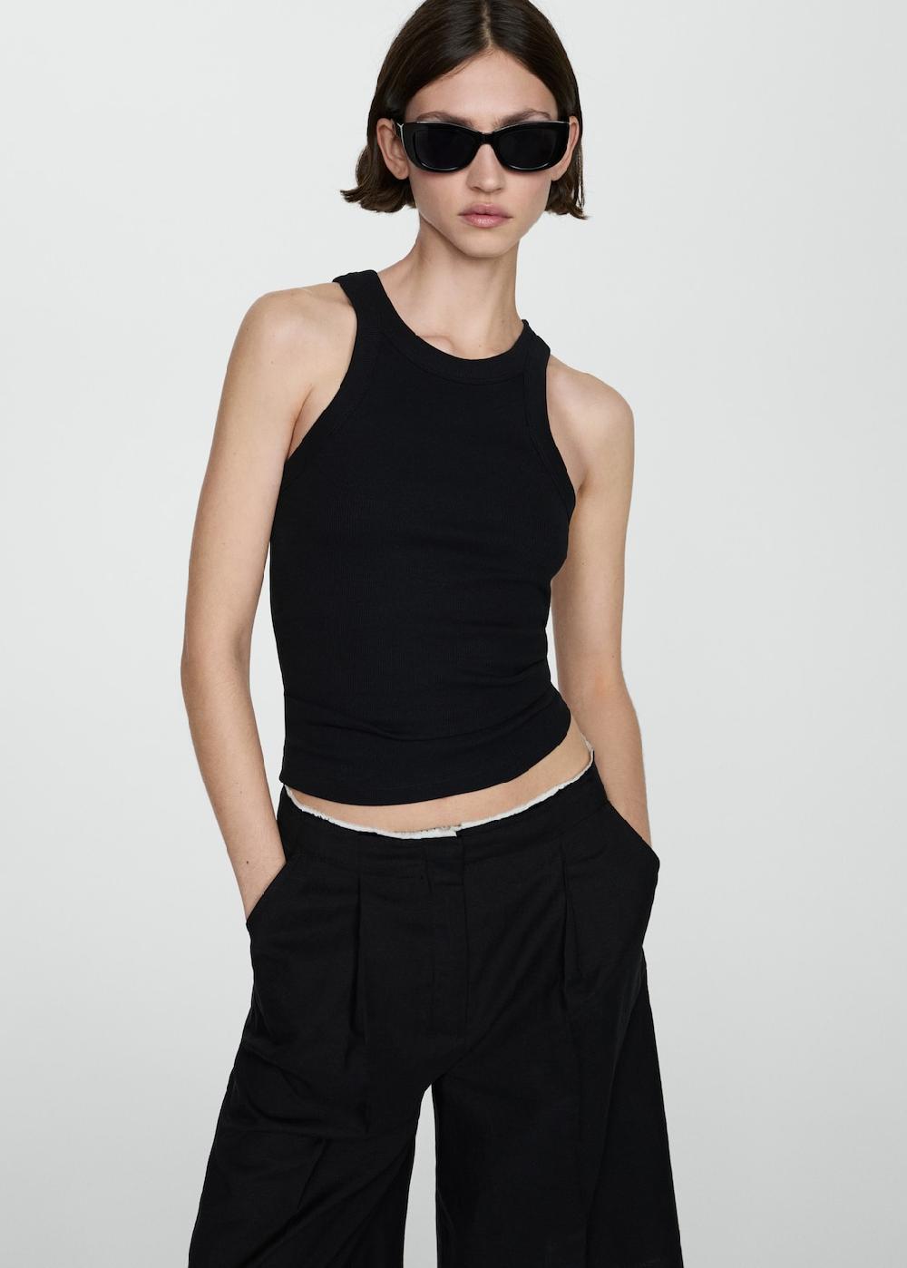 Mango Top canalé algodón