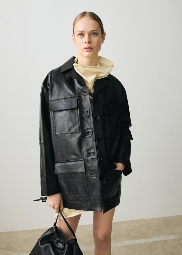 Mango Chaqueta oversize piel bolsillos 2025