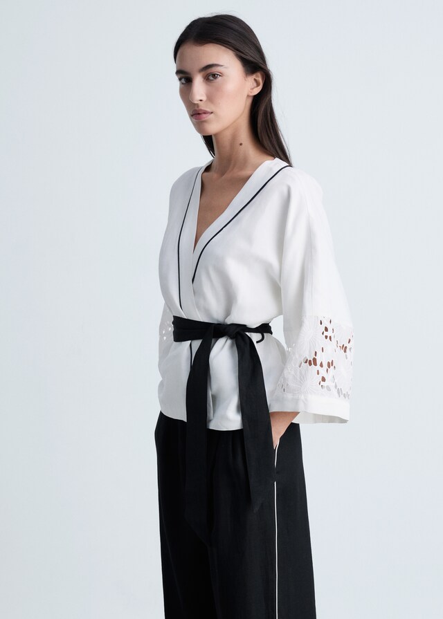 Mango Pantalón lino raya contraste En oferta