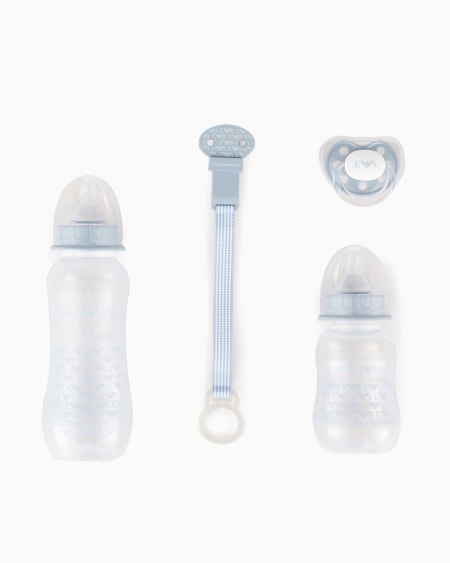 Armani Conjunto de puericultura con dos biberones chupete y cadena con pinza Precio ultrabajo