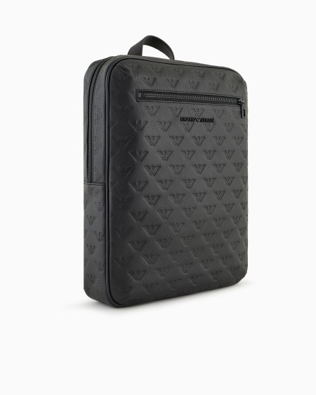 Armani Mochila plana de piel con motivo integral de águila en relieve Outlet online