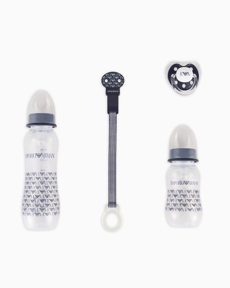 Armani Conjunto de puericultura con dos biberones chupete y cadena con pinza Descuento