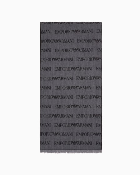 Armani Bufanda de mezcla de lana virgen con inscripción de logotipo en tejido jacquard y flecos Oferta especial de fábrica