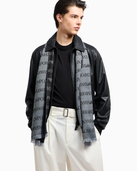 Armani Bufanda de mezcla de lana virgen con inscripción de logotipo en tejido jacquard y flecos Oferta especial de fábrica
